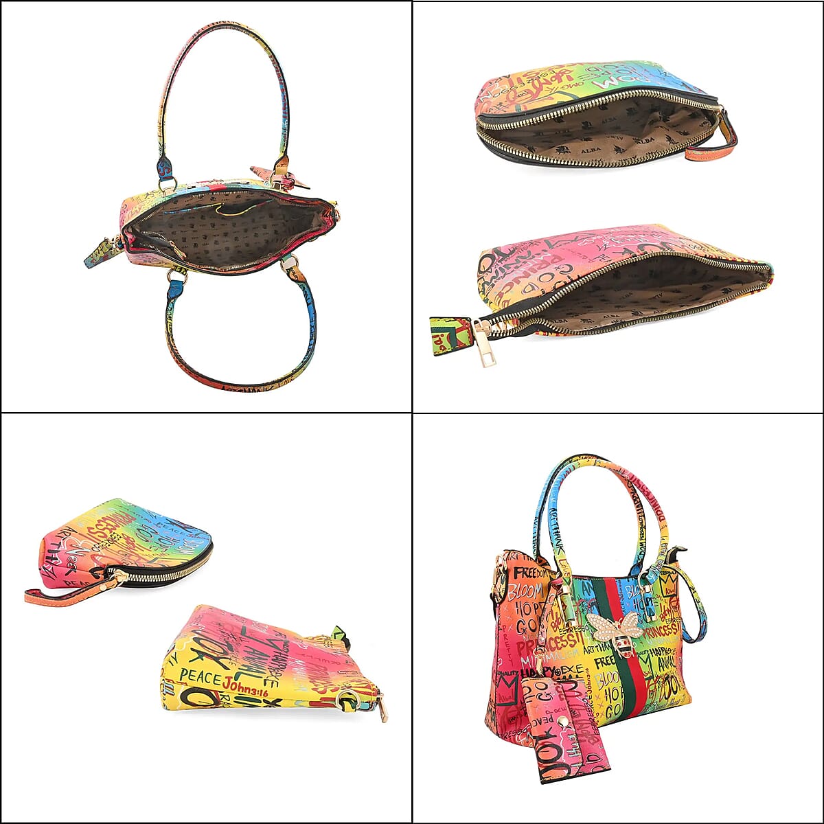 4pc Multi Color Vegan Leather Tote Bag, Clutch, Cosmetic Bag and Coin Purse image number 7