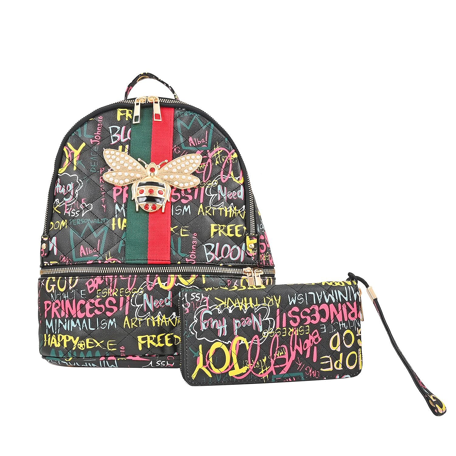 2pc Black & Multi Color Backpack with Wristlet Wallet