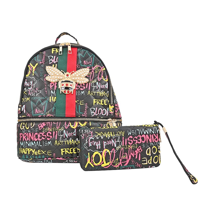 2pc Black & Multi Color Backpack with Wristlet Wallet