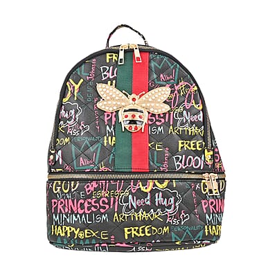 2pc Black & Multi Color Backpack with Wristlet Wallet
