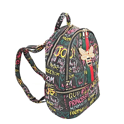 2pc Black & Multi Color Backpack with Wristlet Wallet