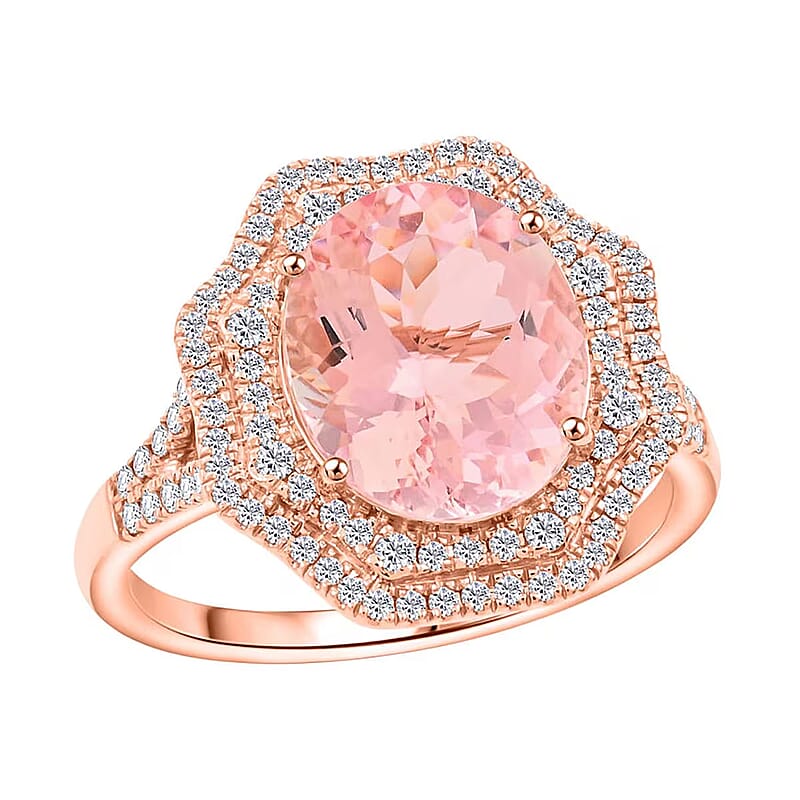Certified & Appraised Luxoro 14K Rose Gold AAA Pink Morganite and G-H I2 Diamond Ring (Size 7.0) 4.68 Grams 4.80 ctw