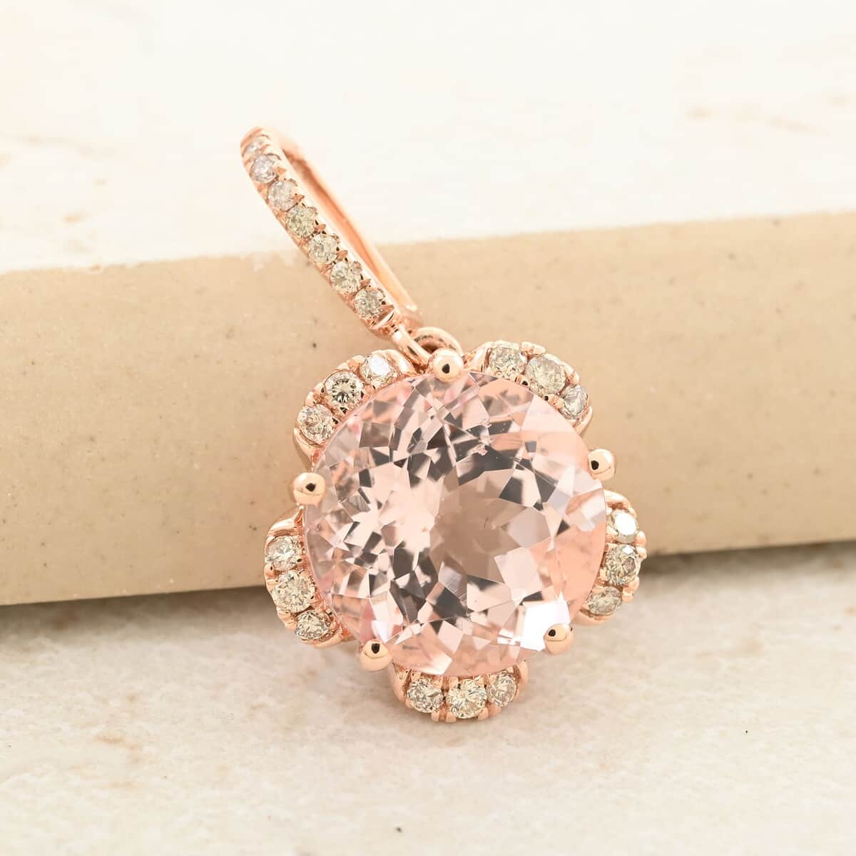 Certified & Appraised Luxoro 14K Rose Gold AAA Pink Morganite and G-H I2 Diamond Pendant 2.65 ctw image number 1