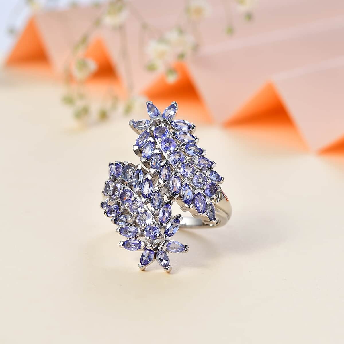 Tanzanite Bypass Leaf Ring in Platinum Over Sterling Silver (Size 5.0) 3.65 ctw image number 1