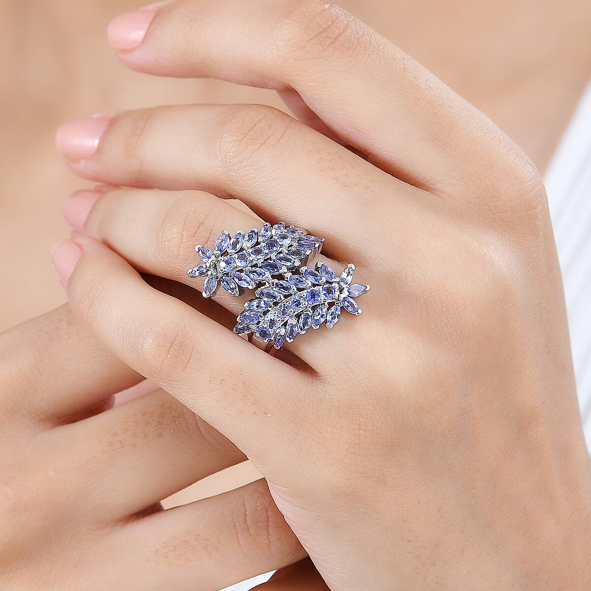 Tanzanite Bypass Leaf Ring in Platinum Over Sterling Silver (Size 8.0) 3.65 ctw image number 2