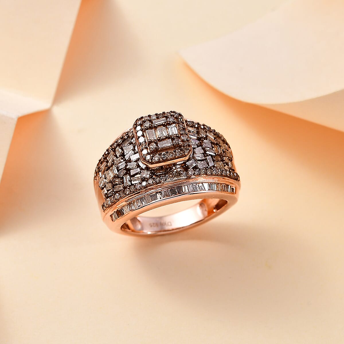 Natural Champagne Diamond 1.50 ctw Art Deco Ring in 14K Vermeil Rose Gold Over Sterling Silver (Size 6.0) image number 1