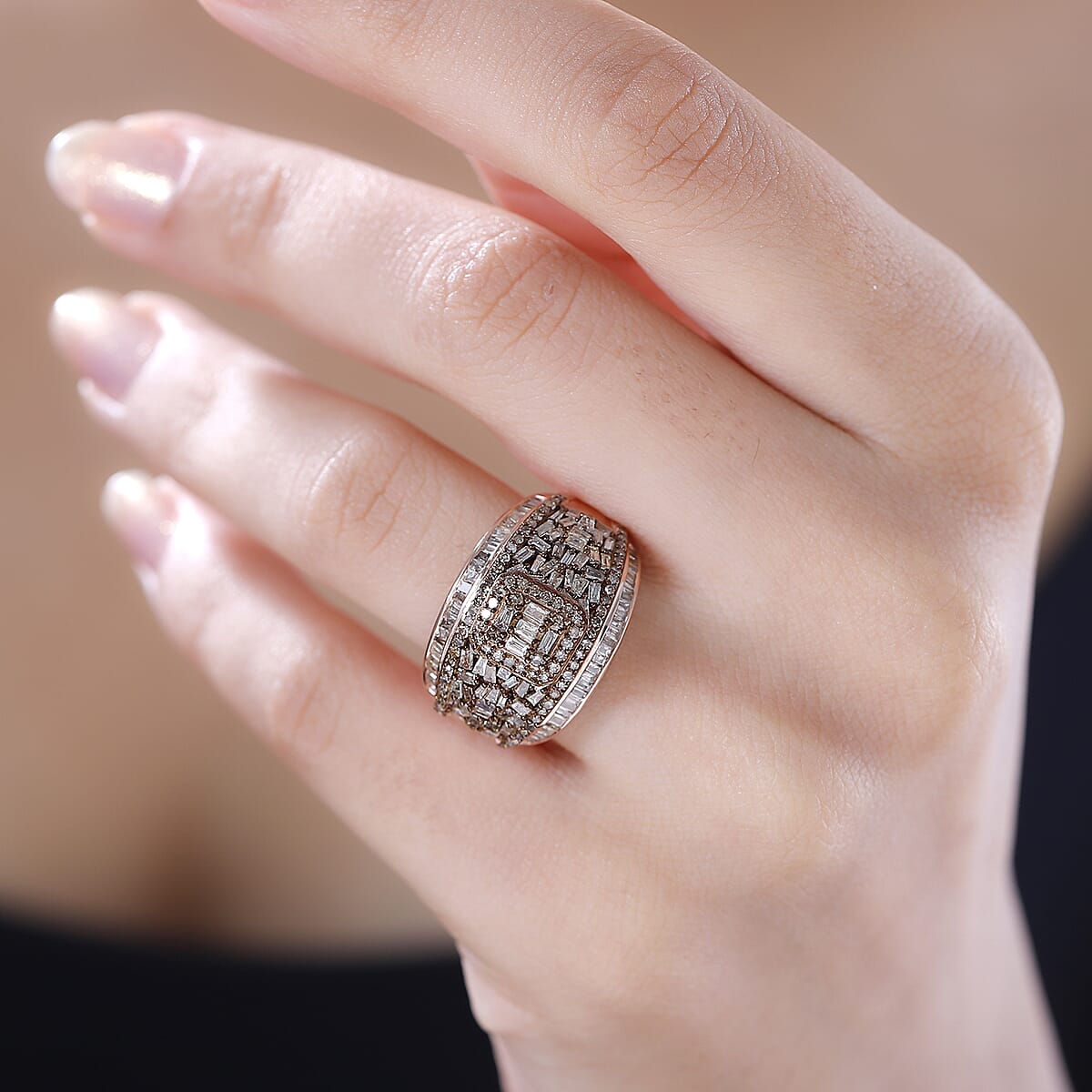 Natural Champagne Diamond 1.50 ctw Art Deco Ring in 14K Vermeil Rose Gold Over Sterling Silver (Size 6.0) image number 2