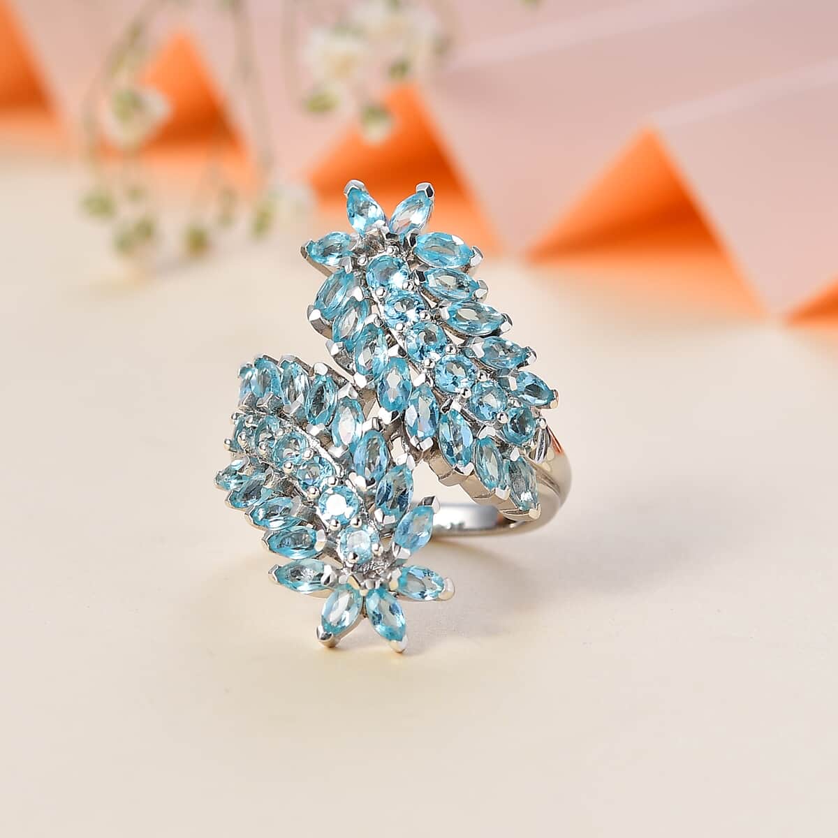 Betroka Blue Apatite Bypass Leaf Ring in Platinum Over Sterling Silver (Size 7.0) 3.70 ctw image number 1