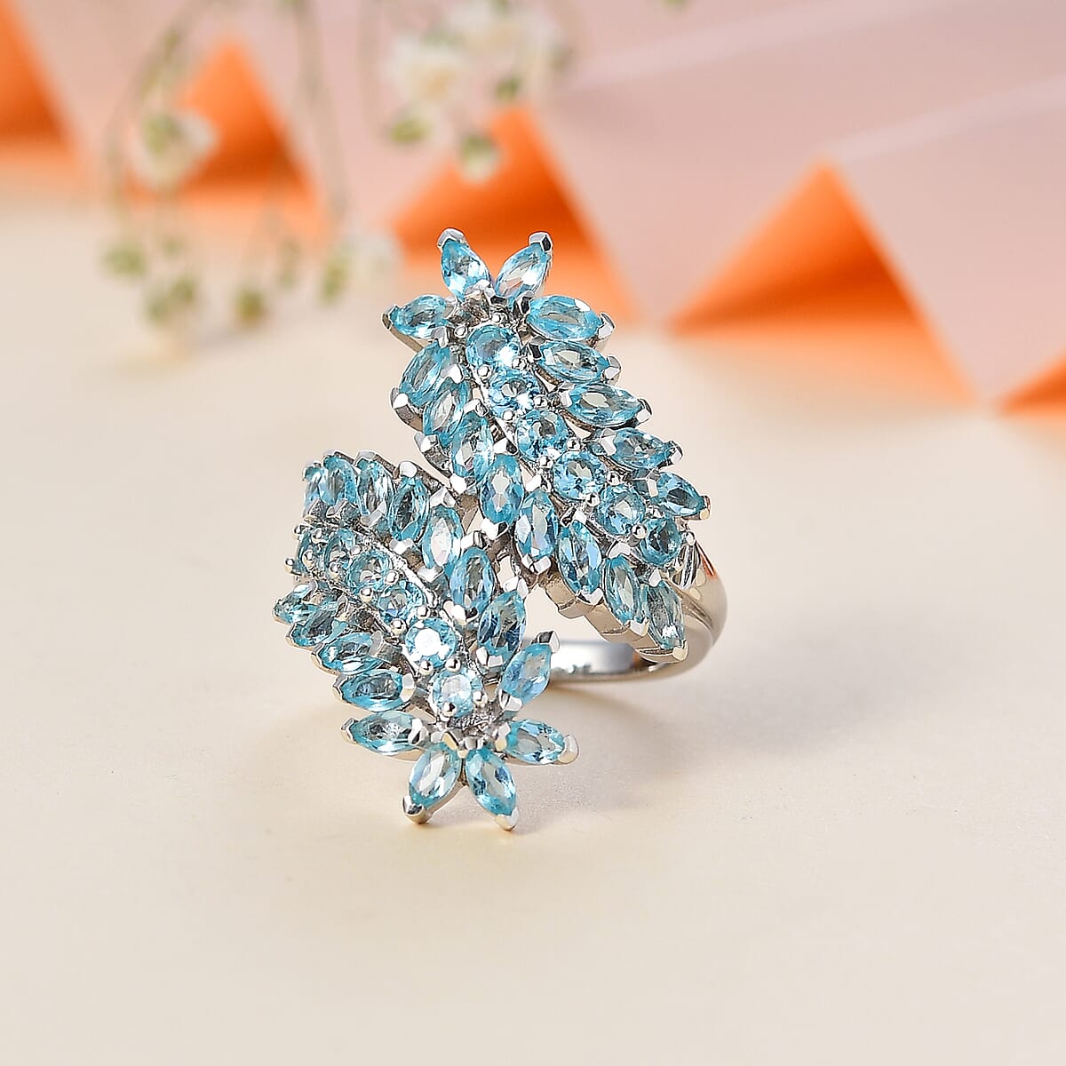 Betroka Blue Apatite Bypass Leaf Ring in Platinum Over Sterling Silver (Size 8.0) 3.70 ctw image number 1