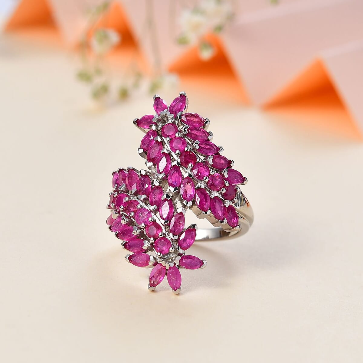 Niassa Ruby (FF) Bypass Leaf Ring in Platinum Over Sterling Silver (Size 9.0) 5.00 ctw image number 1