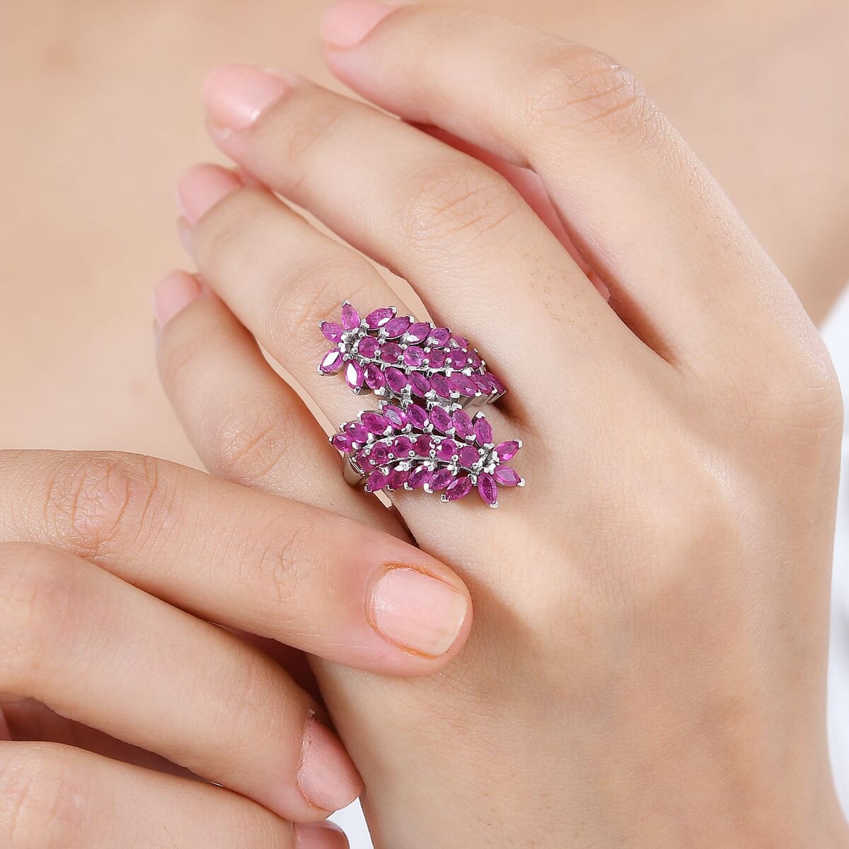 Niassa Ruby (FF) Bypass Leaf Ring in Platinum Over Sterling Silver (Size 9.0) 5.00 ctw image number 2
