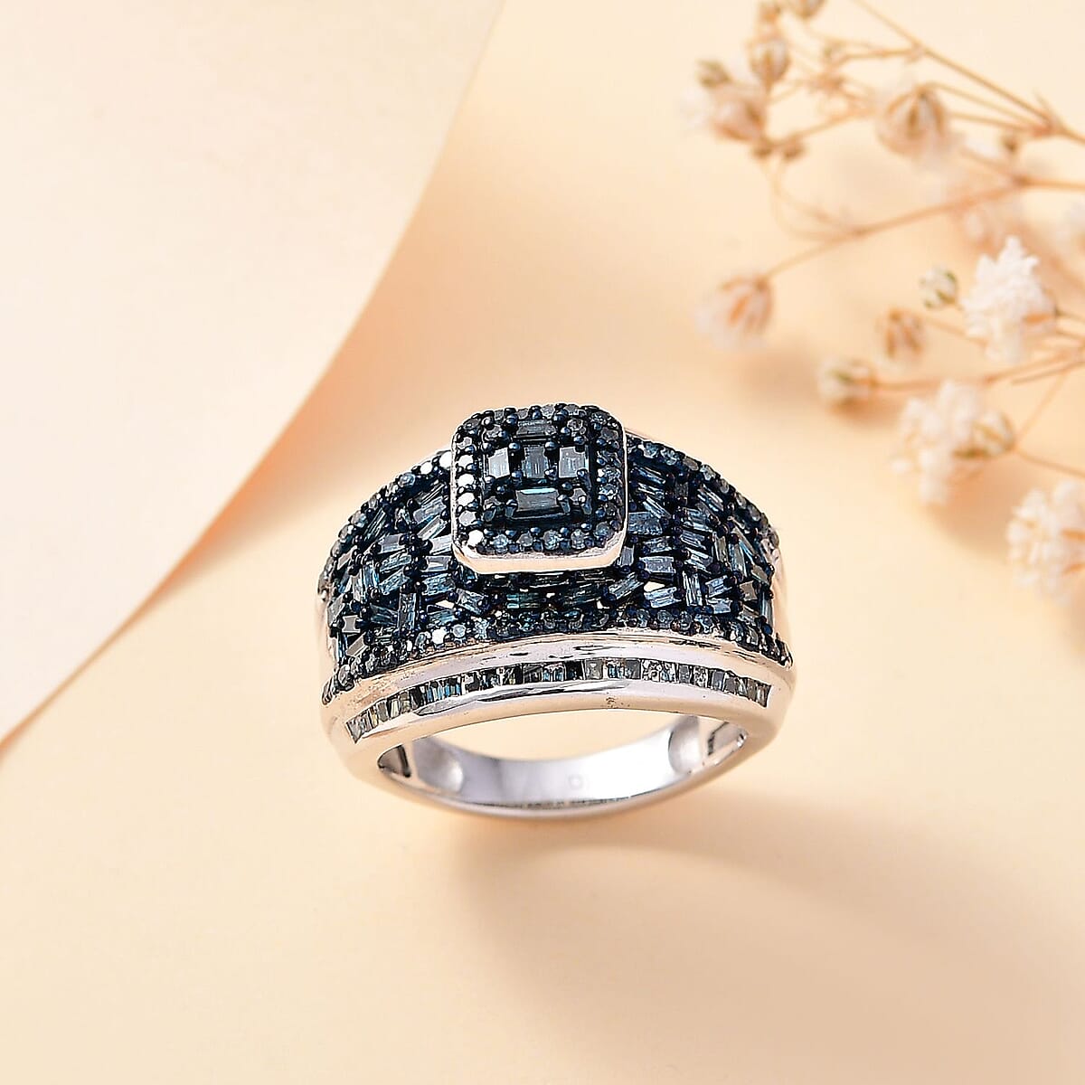 Blue Diamond 1.50 ctw Art Deco Ring in Platinum Over Sterling Silver (Size 7.0) image number 1