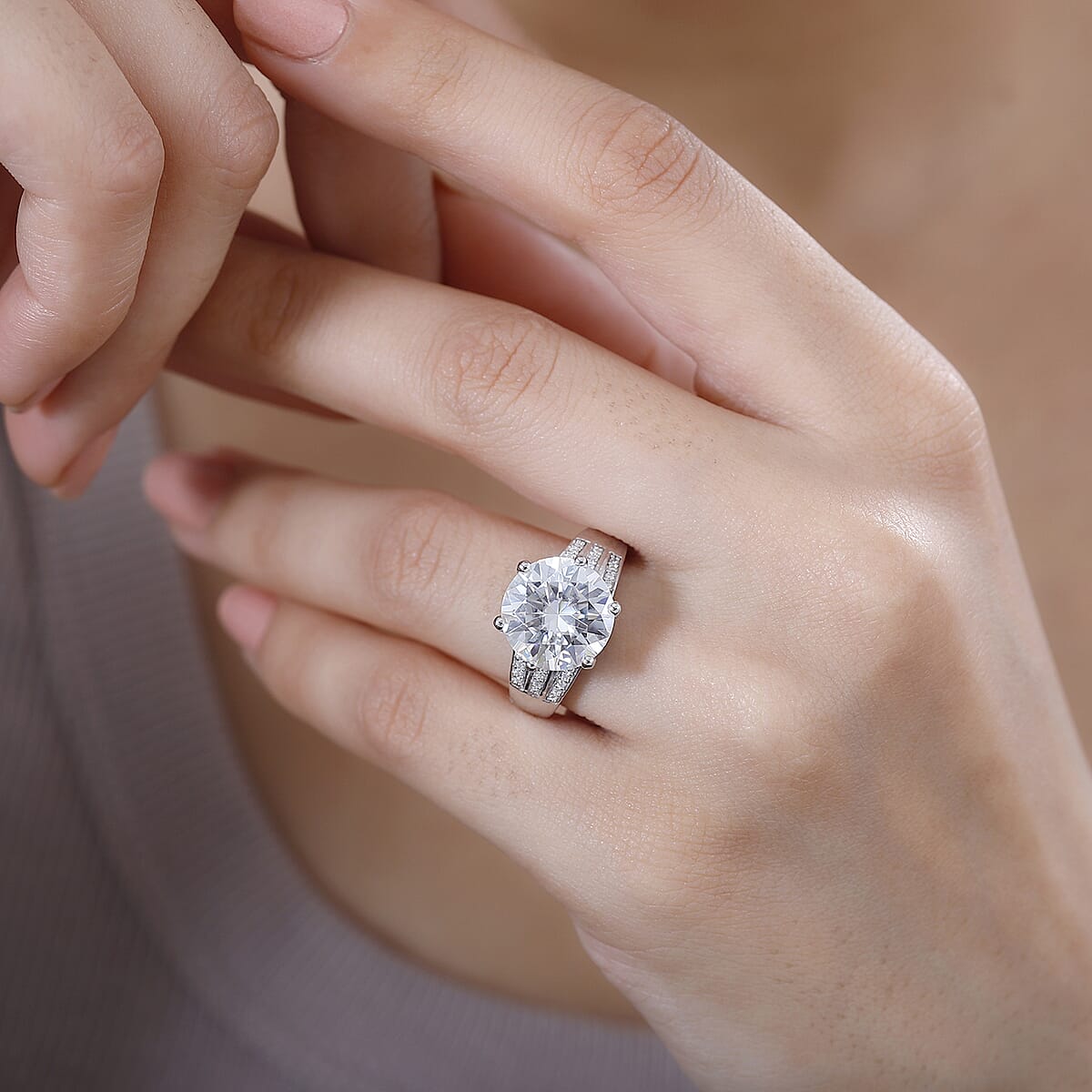 Moissanite and Kagem Zambian Emerald Ring in Platinum Over Sterling Silver (Size 6.0) 6.40 ctw image number 2