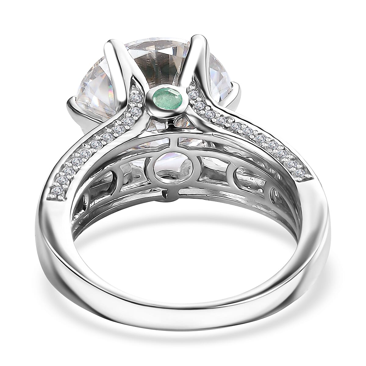 Moissanite and Kagem Zambian Emerald Ring in Platinum Over Sterling Silver (Size 6.0) 6.40 ctw image number 4