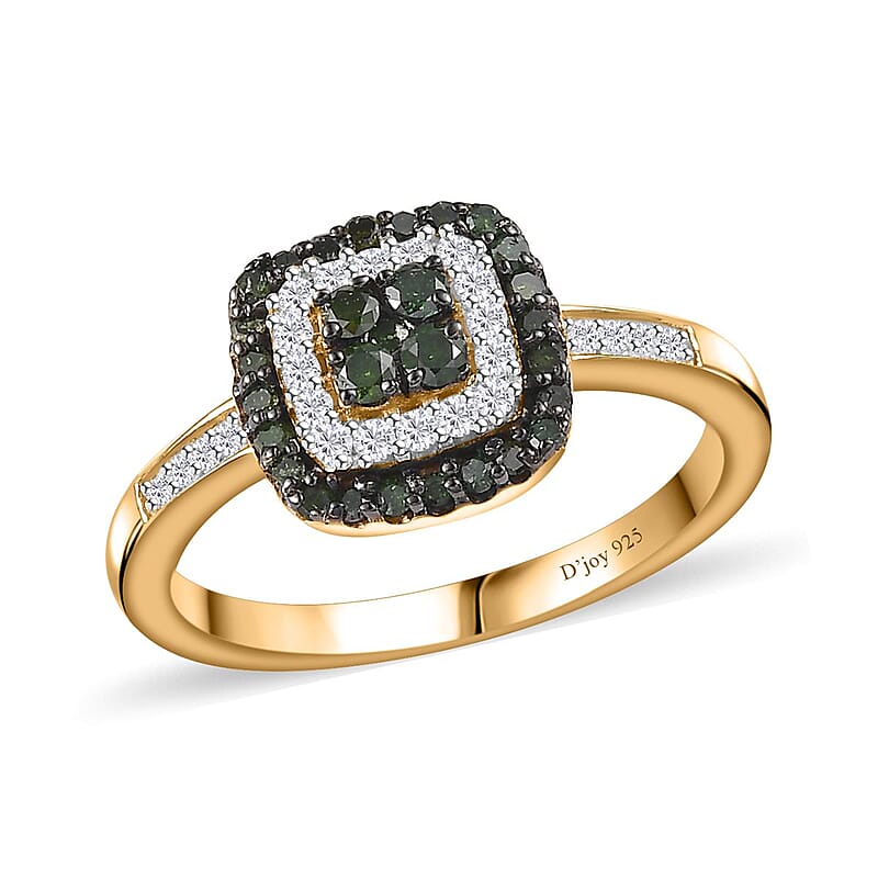 Green and White Diamond Cushion Shape Ring in Vermeil Yellow Gold Over Sterling Silver (Size 10.0) 0.50 ctw