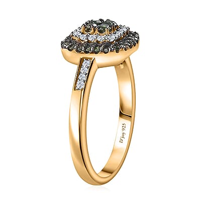 Green and White Diamond Cushion Shape Ring in Vermeil Yellow Gold Over Sterling Silver (Size 10.0) 0.50 ctw