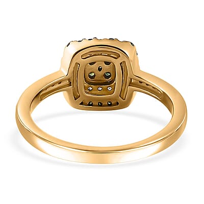 Green and White Diamond Cushion Shape Ring in Vermeil Yellow Gold Over Sterling Silver (Size 10.0) 0.50 ctw