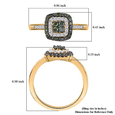 Green and White Diamond Cushion Shape Ring in Vermeil Yellow Gold Over Sterling Silver (Size 10.0) 0.50 ctw
