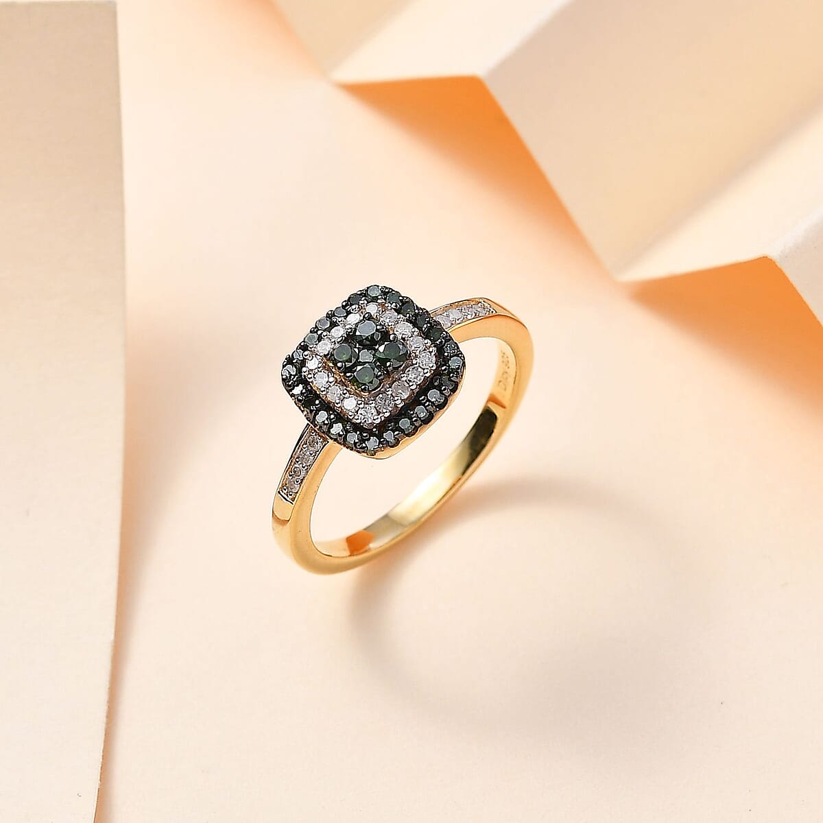 Green and White Diamond Cushion Shape Ring in Vermeil Yellow Gold Over Sterling Silver (Size 8.0) 0.50 ctw image number 1