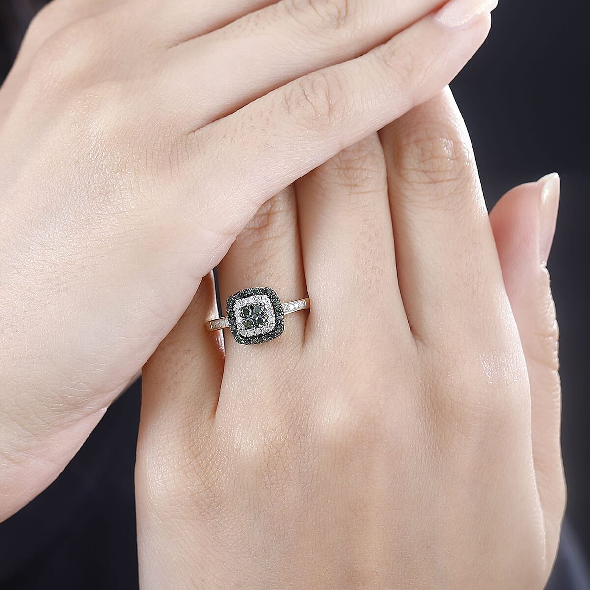 Green and White Diamond Cushion Shape Ring in Vermeil Yellow Gold Over Sterling Silver (Size 8.0) 0.50 ctw image number 2