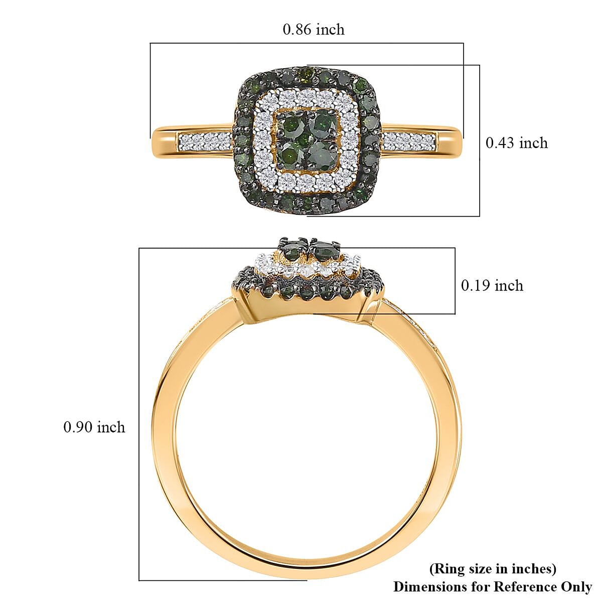 Green and White Diamond Cushion Shape Ring in Vermeil Yellow Gold Over Sterling Silver (Size 8.0) 0.50 ctw image number 5