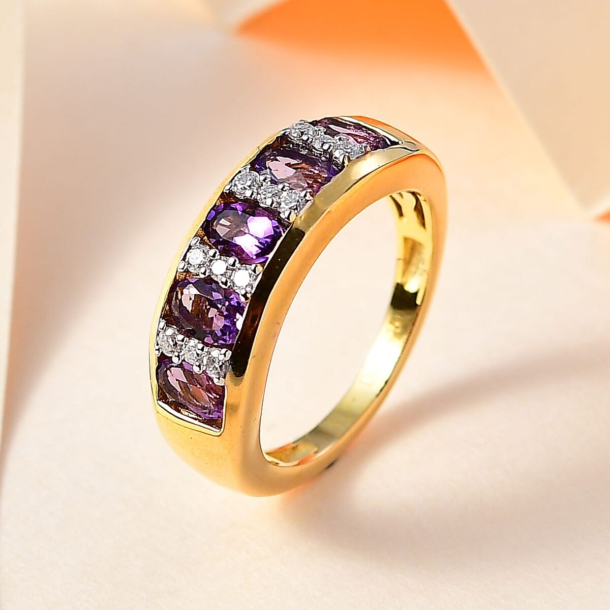 Uruguayan Amethyst and Moissanite Band Ring in Vermeil Yellow Gold Over Sterling Silver (Size 7.0) 1.30 ctw image number 1