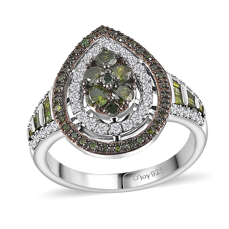 Green and White Diamond Ring in Rhodium Over Sterling Silver (Size 10.0) 1.00 ctw