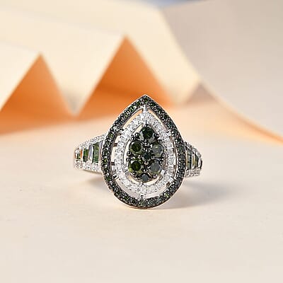 Green and White Diamond Ring in Rhodium Over Sterling Silver (Size 10.0) 1.00 ctw