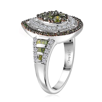 Green and White Diamond Ring in Rhodium Over Sterling Silver (Size 10.0) 1.00 ctw