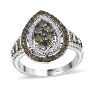 Green and White Diamond Ring in Rhodium Over Sterling Silver (Size 6.0) 1.00 ctw