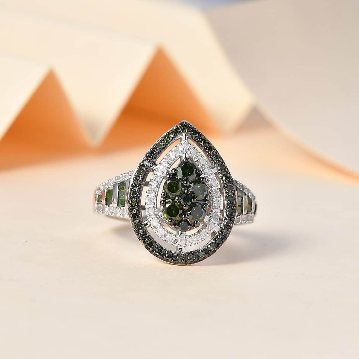 Green and White Diamond Ring in Rhodium Over Sterling Silver (Size 6.0) 1.00 ctw image number 1