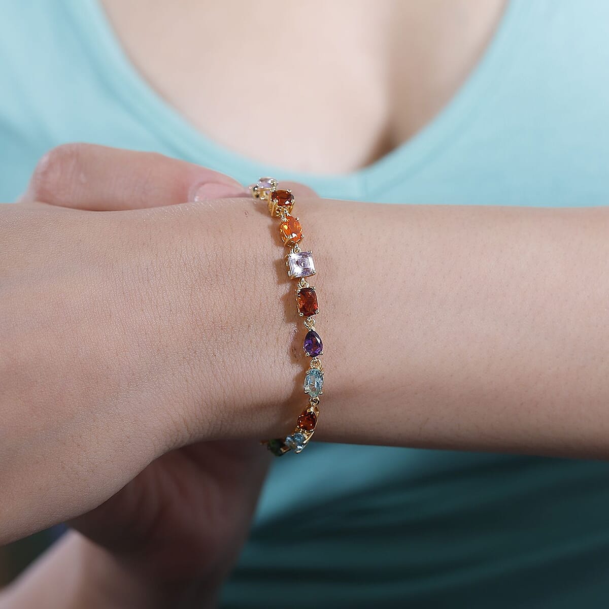 D'Joy Multi Gemstone 8.20 ctw Link Bracelet in 14K Vermeil Yellow Gold Over Sterling Silver (6.50 In) image number 2