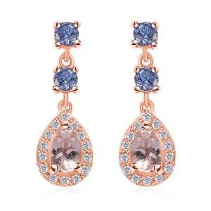 Premium Pink Morganite and Multi Gemstone Dangle Earrings in Vermeil Rose Gold Over Sterling Silver 1.50 ctw