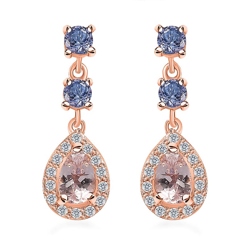 Premium Pink Morganite and Multi Gemstone Dangle Earrings in Vermeil Rose Gold Over Sterling Silver 1.50 ctw
