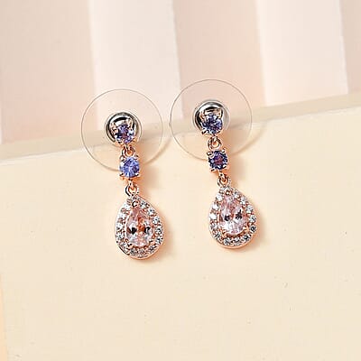 Premium Pink Morganite and Multi Gemstone Dangle Earrings in Vermeil Rose Gold Over Sterling Silver 1.50 ctw