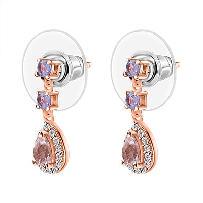 Premium Pink Morganite and Multi Gemstone Dangle Earrings in Vermeil Rose Gold Over Sterling Silver 1.50 ctw