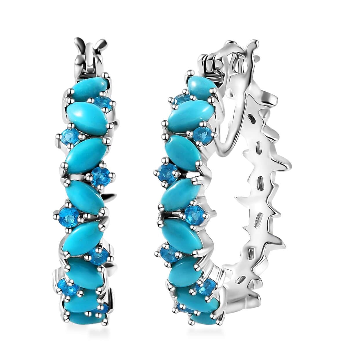 Premium Sleeping Beauty Turquoise and Malgache Neon Apatite Star Fish Motif Hoop Earrings in Rhodium Over Sterling Silver 2.90 ctw image number 0