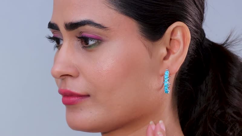 Premium Sleeping Beauty Turquoise and Malgache Neon Apatite Star Fish Motif Hoop Earrings in Rhodium Over Sterling Silver 2.90 ctw
