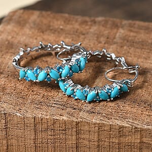Premium Sleeping Beauty Turquoise and Malgache Neon Apatite Star Fish Motif Hoop Earrings in Rhodium Over Sterling Silver 2.90 ctw
