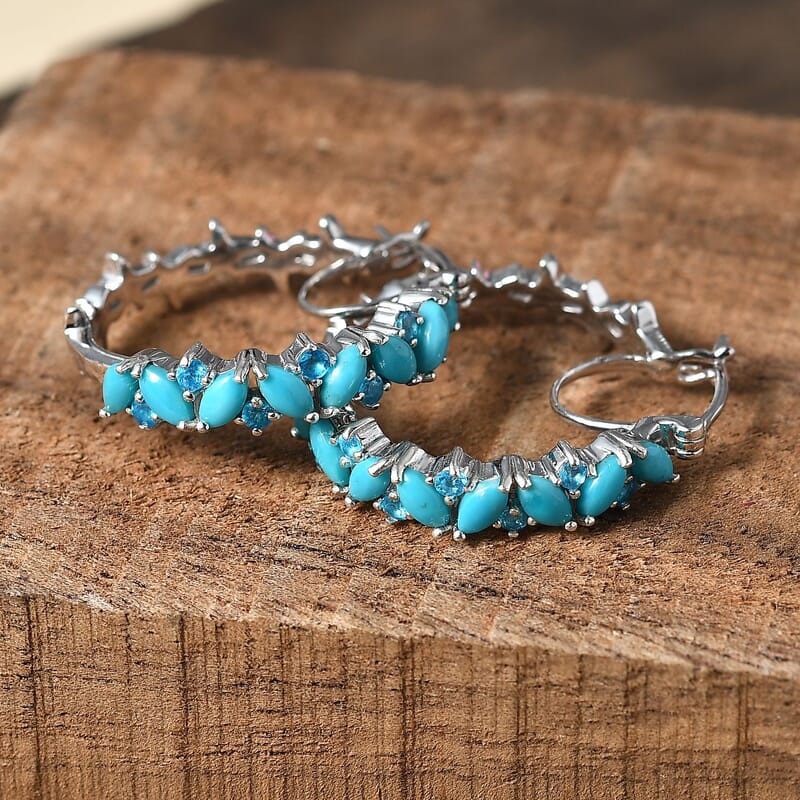 Premium Sleeping Beauty Turquoise and Malgache Neon Apatite Star Fish Motif Hoop Earrings in Rhodium Over Sterling Silver 2.90 ctw