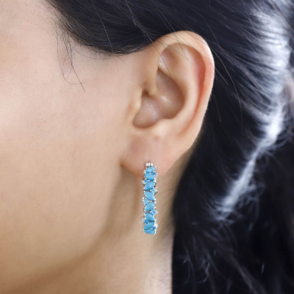 Premium Sleeping Beauty Turquoise and Malgache Neon Apatite Star Fish Motif Hoop Earrings in Rhodium Over Sterling Silver 2.90 ctw image number 2