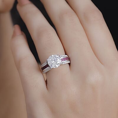 Moissanite and Niassa Ruby (FF) 3.80 ctw Bridge Ring in Platinum Over Sterling Silver (Size 10.0)