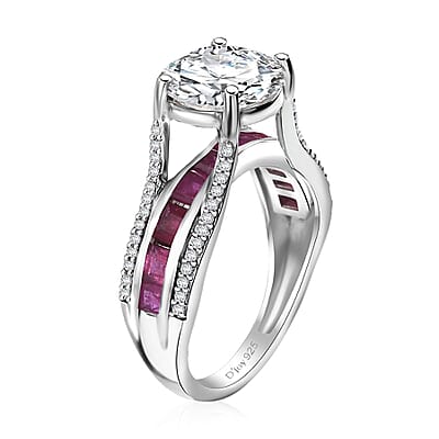 Moissanite and Niassa Ruby (FF) 3.80 ctw Bridge Ring in Platinum Over Sterling Silver (Size 10.0)