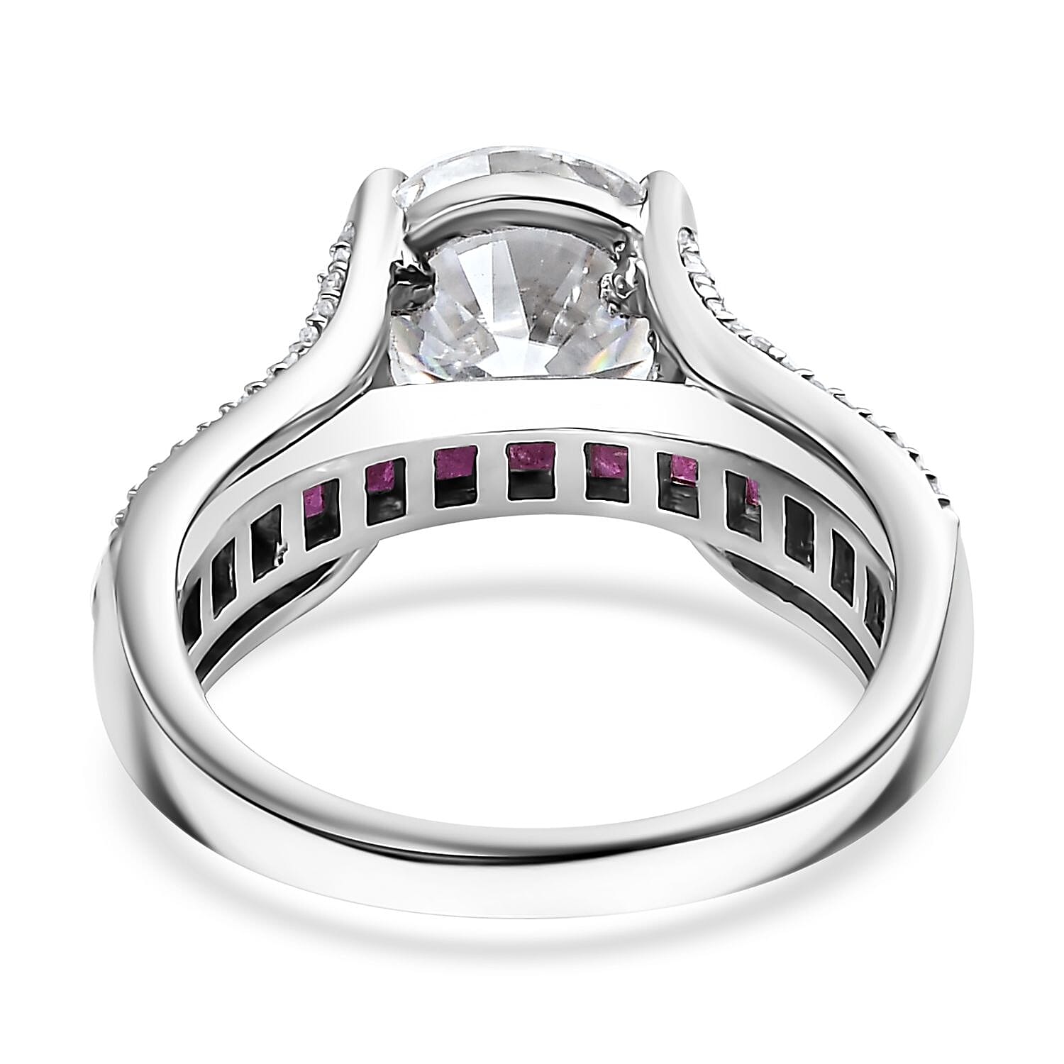 Moissanite and Niassa Ruby (FF) 3.80 ctw Bridge Ring in Platinum Over Sterling Silver (Size 10.0)