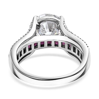 Moissanite and Niassa Ruby (FF) 3.80 ctw Bridge Ring in Platinum Over Sterling Silver (Size 10.0)