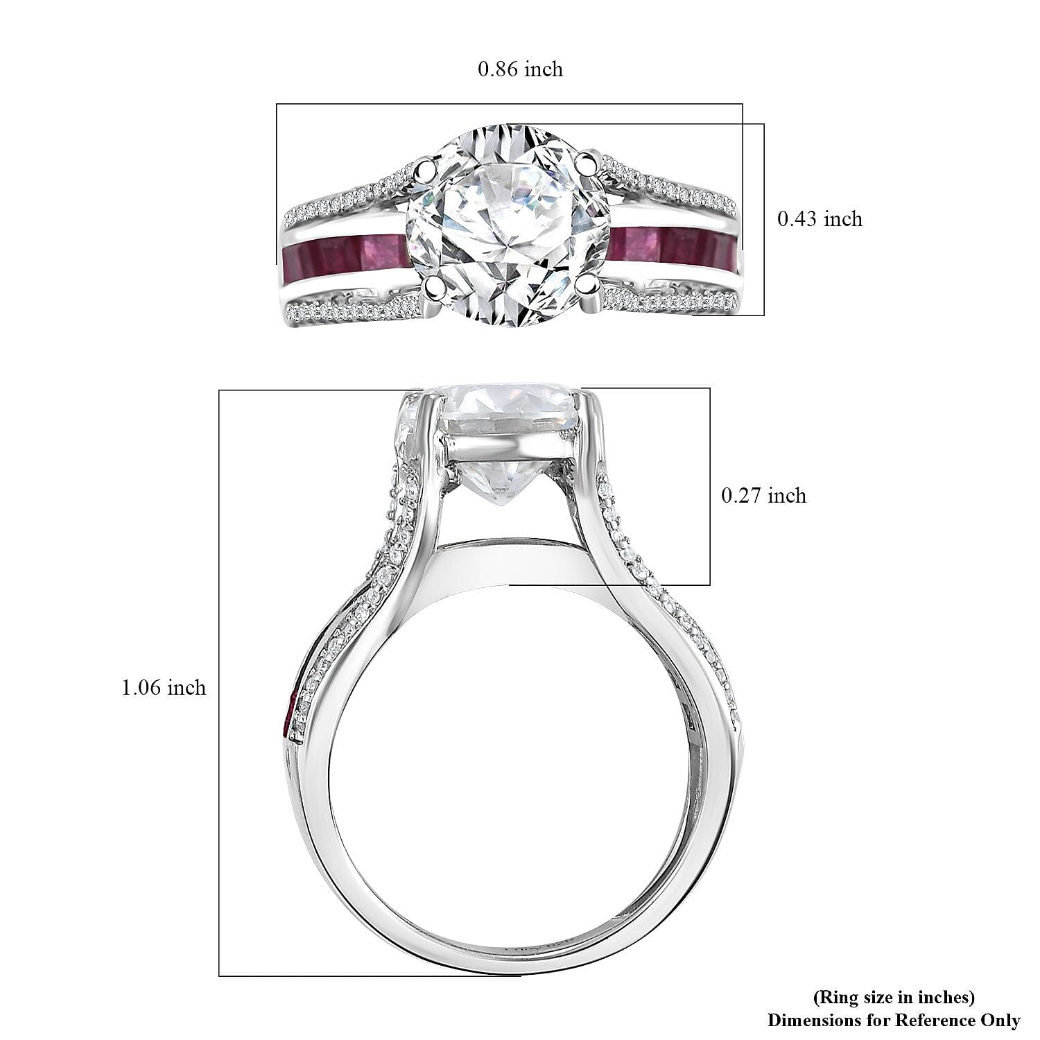 Moissanite and Niassa Ruby (FF) 3.80 ctw Bridge Ring in Platinum Over Sterling Silver (Size 10.0)