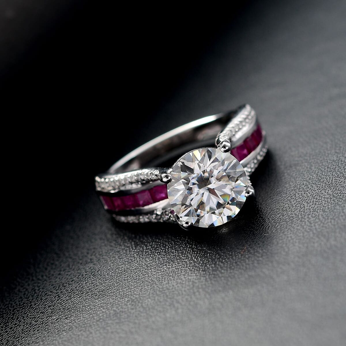 Moissanite and Niassa Ruby (FF) 3.80 ctw Bridge Ring in Platinum Over Sterling Silver (Size 6.0) image number 1