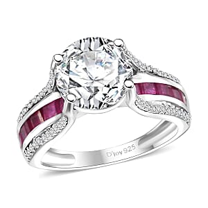 Moissanite and Niassa Ruby (FF) 3.80 ctw Bridge Ring in Platinum Over Sterling Silver (Size 8.0)