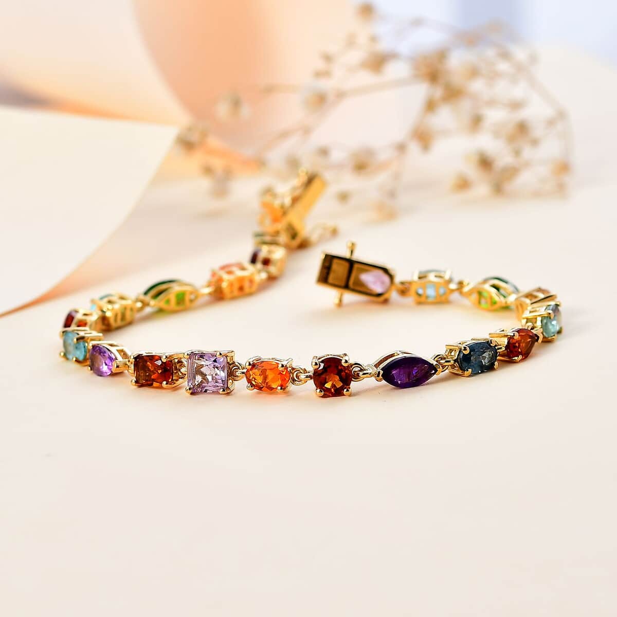 Multi Gemstone 9.85 ctw Link Bracelet in 14K Vermeil Yellow Gold Over Sterling Silver (7.25 In) image number 1