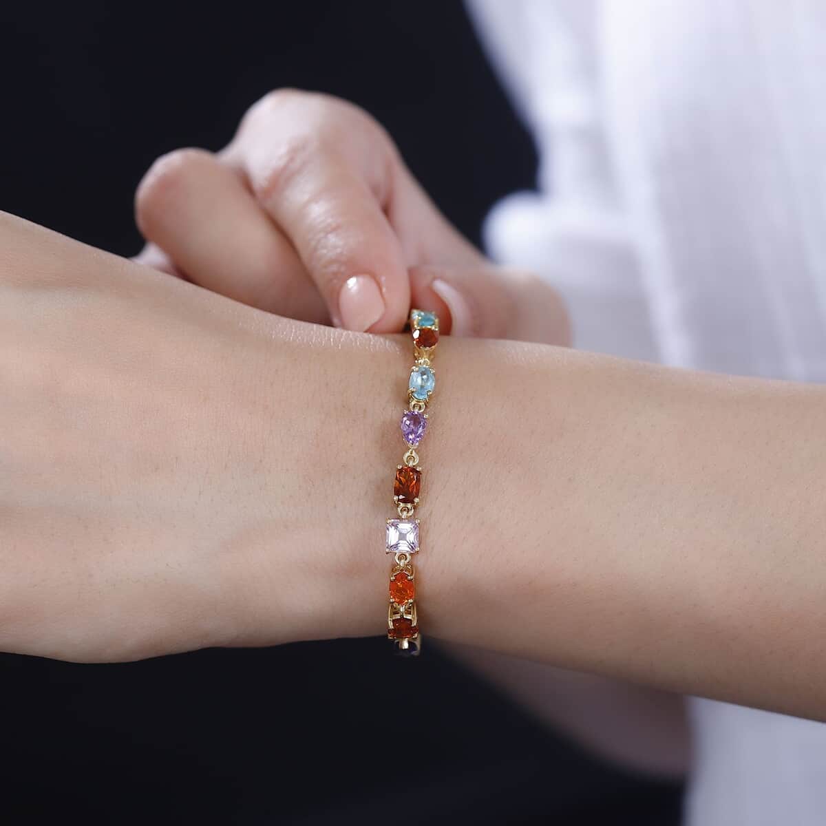 Multi Gemstone 9.85 ctw Link Bracelet in 14K Vermeil Yellow Gold Over Sterling Silver (7.25 In) image number 2